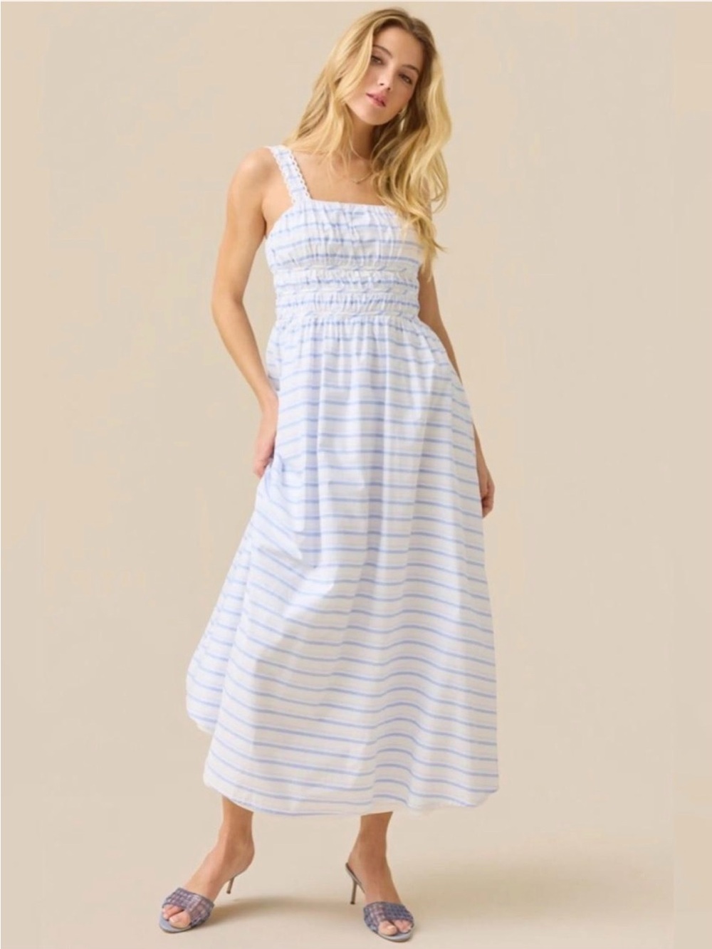 Altar'd State Florence Striped Maxi Dress Blue White Smocked Size Medium NWOT